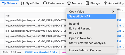 Save All As Har in firefox