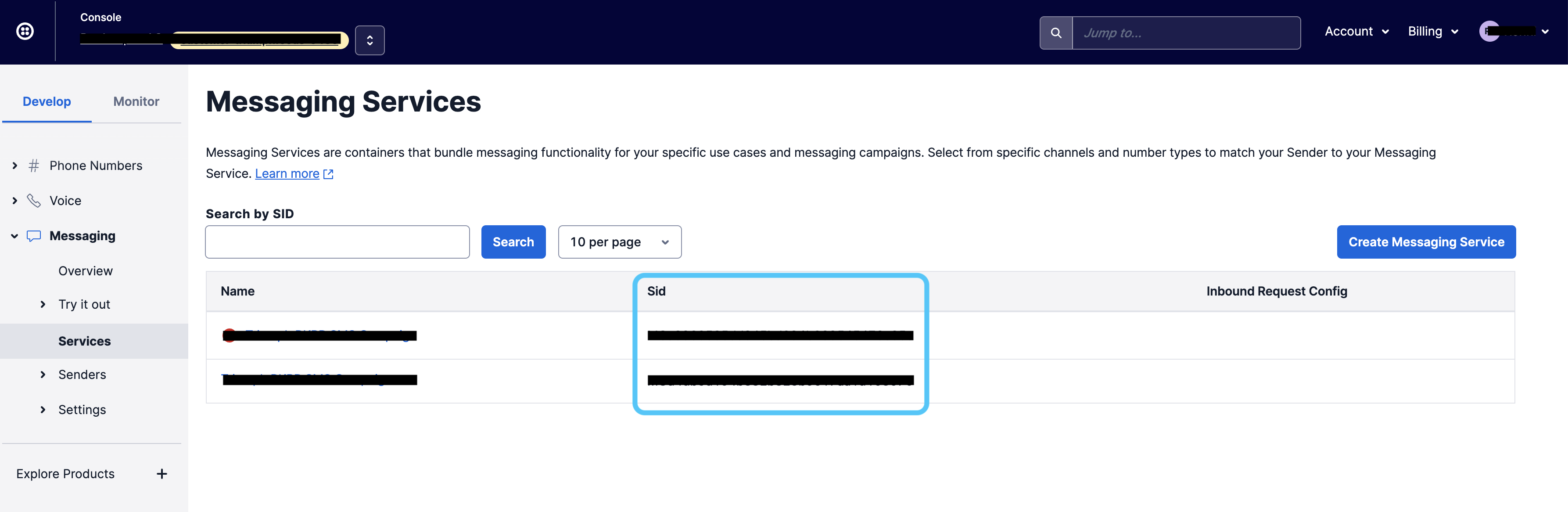 Twilio Messaging Service SID screenshot