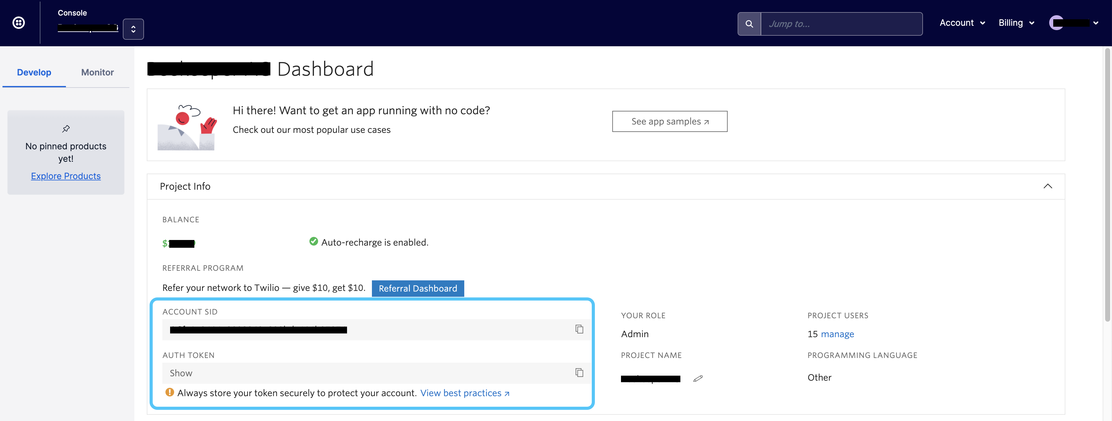 Twilio Account SID Auth Token screenshot